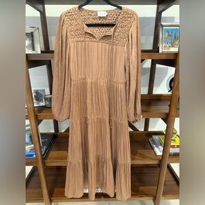 FLANNEL Tiered Long Sleeve Light Brown Maxi Dress